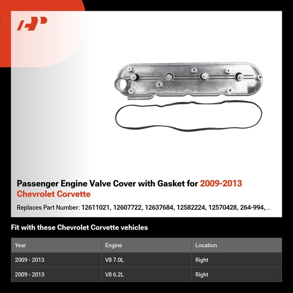 Passenger Engine Valve Cover with Gasket for 2009-2013 Chevrolet Corvette