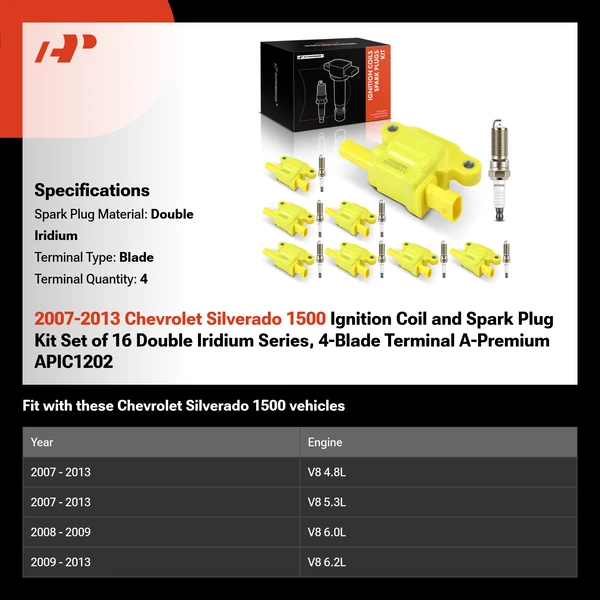 2007-2013 Chevrolet Silverado 1500 Ignition Coil and Spark Plug Kit Set of 16 Double Iridium Series, 4-Blade Terminal A-Premium APIC1202