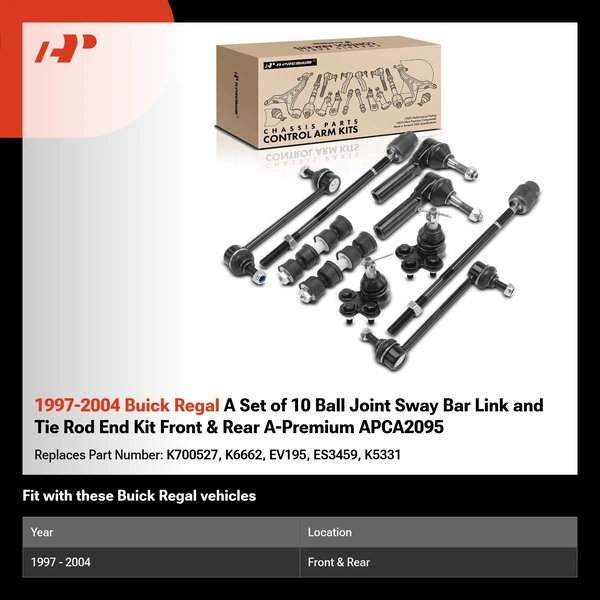 1997-2004 Buick Regal A Set of 10 Ball Joint Sway Bar Link and Tie Rod End Kit Front & Rear A-Premium APCA2095