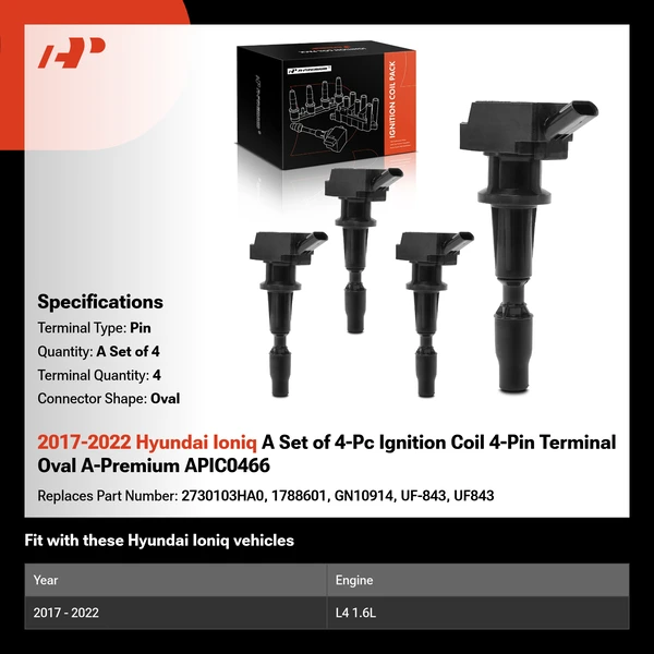 2017-2022 Hyundai Ioniq A Set of 4-Pc Ignition Coil 4-Pin Terminal Oval A-Premium APIC0466