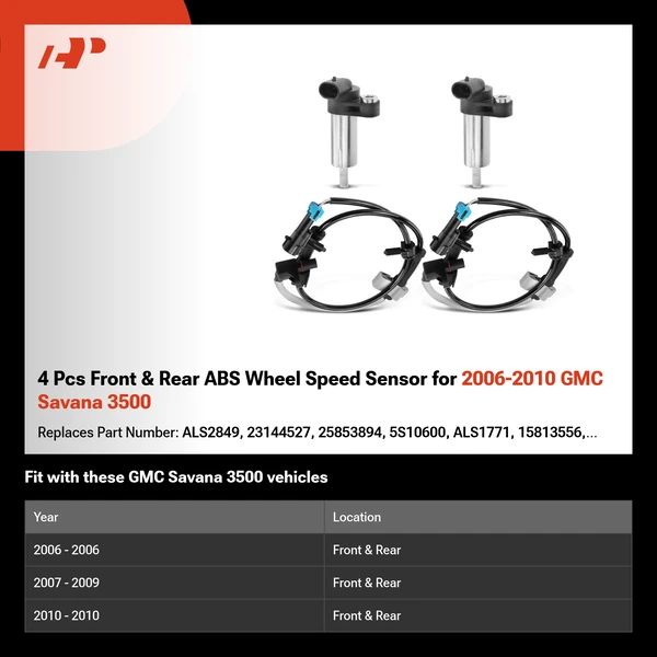 4 Pcs Front & Rear ABS Wheel Speed Sensor for 2006-2010 GMC Savana 3500