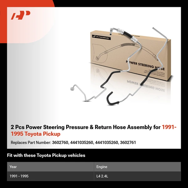 2 Pcs Power Steering Pressure & Return Hose Assembly for 1991-1995 Toyota Pickup