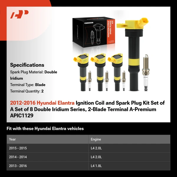 2012-2016 Hyundai Elantra Ignition Coil and Spark Plug Kit Set of A Set of 8 Double Iridium Series, 2-Blade Terminal A-Premium APIC1129
