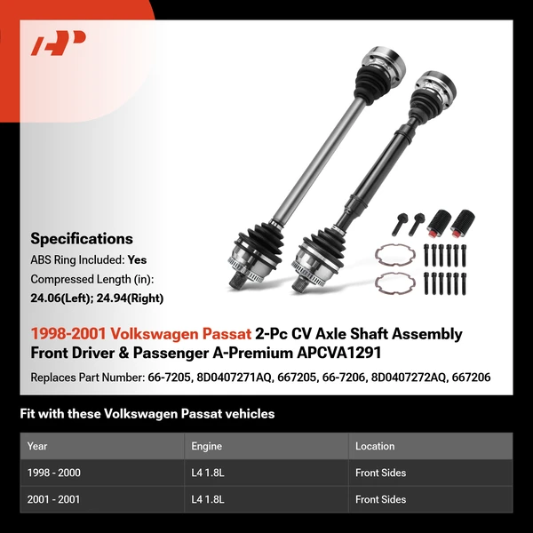 1998-2001 Volkswagen Passat 2-Pc CV Axle Shaft Assembly Front Driver & Passenger A-Premium APCVA1291