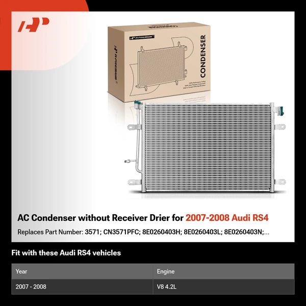 AC Condenser without Receiver Drier for 2007-2008 Audi RS4