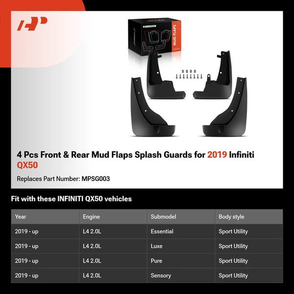 4 Pcs Front & Rear Mud Flaps Splash Guards for 2019 Infiniti QX50