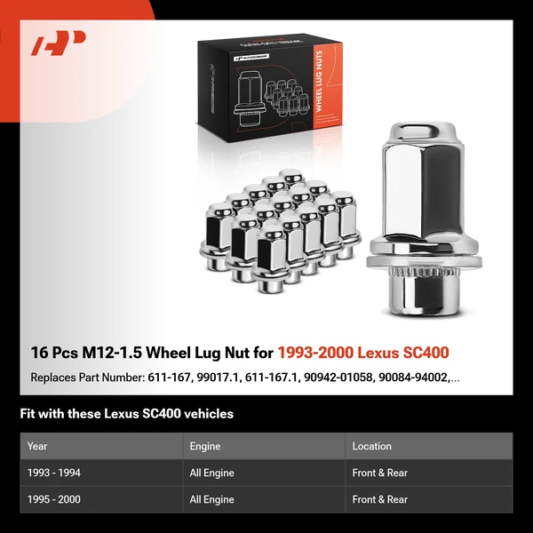 16 Pcs M12-1.5 Wheel Lug Nut for 1993-2000 Lexus SC400