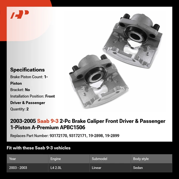 2003-2005 Saab 9-3 2-Pc Brake Caliper Front Driver & Passenger 1-Piston A-Premium APBC1506
