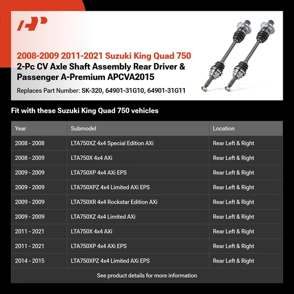 2008-2009 2011-2021 Suzuki King Quad 750 2-Pc CV Axle Shaft Assembly Rear Driver & Passenger A-Premium APCVA2015