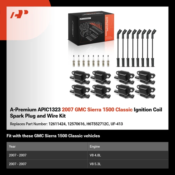 A-Premium APIC1323 2007 GMC Sierra 1500 Classic Ignition Coil Spark Plug and Wire Kit