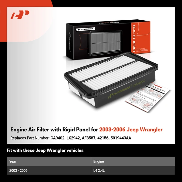 Engine Air Filter with Rigid Panel for 2003-2006 Jeep Wrangler