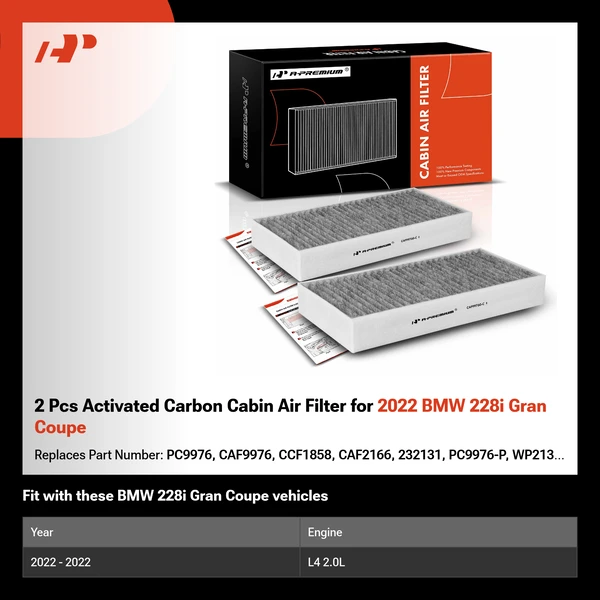 2 Pcs Activated Carbon Cabin Air Filter for 2022 BMW 228i Gran Coupe