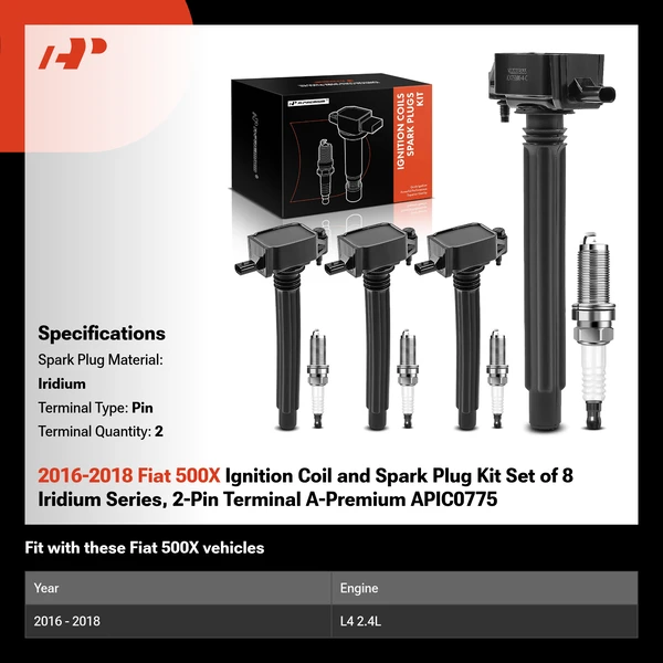 2016-2018 Fiat 500X Ignition Coil and Spark Plug Kit Set of 8 Iridium Series, 2-Pin Terminal A-Premium APIC0775
