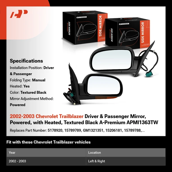 2002-2003 Chevrolet Trailblazer Driver & Passenger Mirror, Powered, with Heated, Textured Black A-Premium APMI1363TW