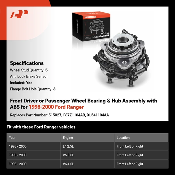 Front Driver or Passenger Wheel Bearing & Hub Assembly with ABS for 1998-2000 Ford Ranger