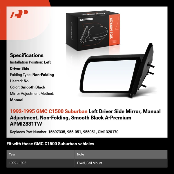 1992-1995 GMC C1500 Suburban Left Driver Side Mirror, Manual Adjustment, Non-Folding, Smooth Black A-Premium APMI2831TW