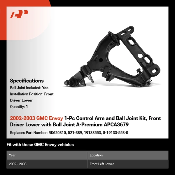 2002-2003 GMC Envoy 1-Pc Control Arm and Ball Joint Kit, Front Driver Lower with Ball Joint A-Premium APCA3679