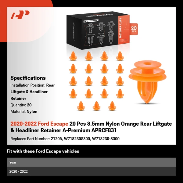 2020-2022 Ford Escape 20 Pcs 8.5mm Nylon Orange Rear Liftgate & Headliner Retainer A-Premium APRCF831