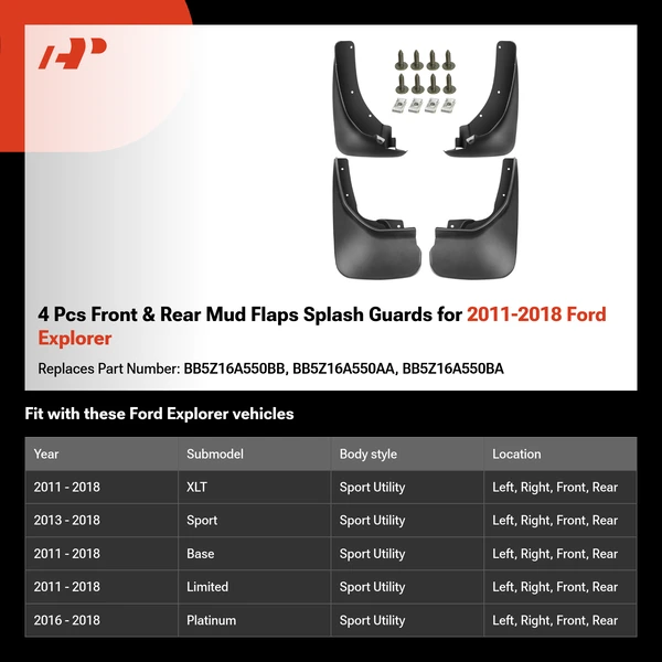 4 Pcs Front & Rear Mud Flaps Splash Guards for 2011-2018 Ford Explorer