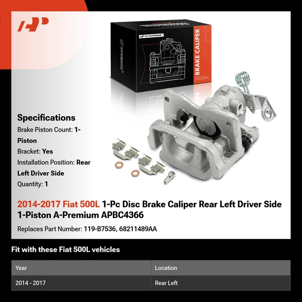 2014-2017 Fiat 500L 1-Pc Disc Brake Caliper Rear Left Driver Side 1-Piston A-Premium APBC4366