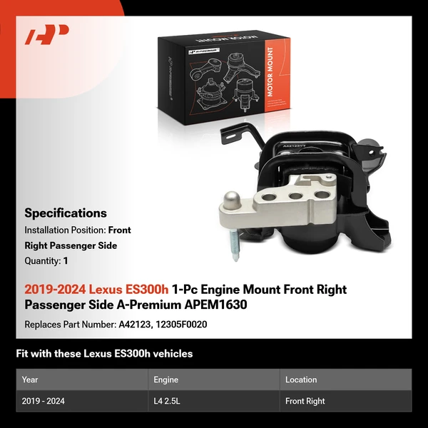 2019-2024 Lexus ES300h 1-Pc Engine Mount Front Right Passenger Side A-Premium APEM1630