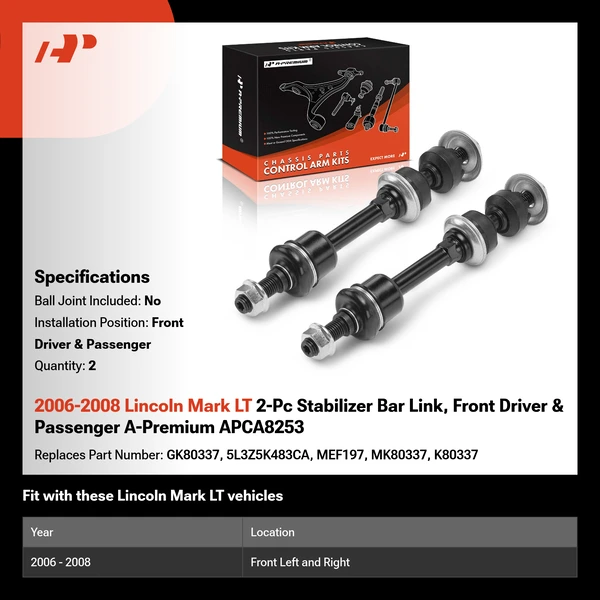 2006-2008 Lincoln Mark LT 2-Pc Stabilizer Bar Link, Front Driver & Passenger A-Premium APCA8253