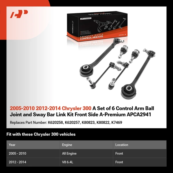 2005-2010 2012-2014 Chrysler 300 A Set of 6 Control Arm Ball Joint and Sway Bar Link Kit Front Side A-Premium APCA2941
