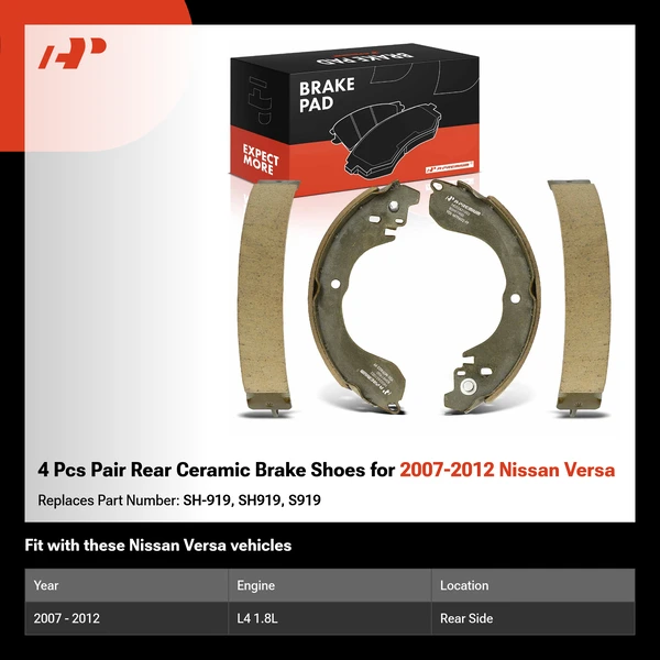 4 Pcs Pair Rear Ceramic Brake Shoes for 2007-2012 Nissan Versa