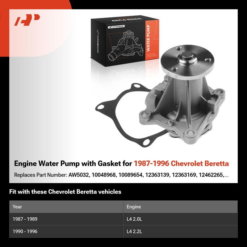 Engine Water Pump with Gasket for 1987-1996 Chevrolet Beretta