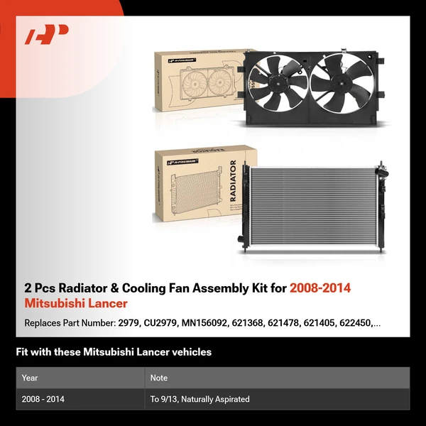 2 Pcs Radiator & Cooling Fan Assembly Kit for 2008-2014 Mitsubishi Lancer
