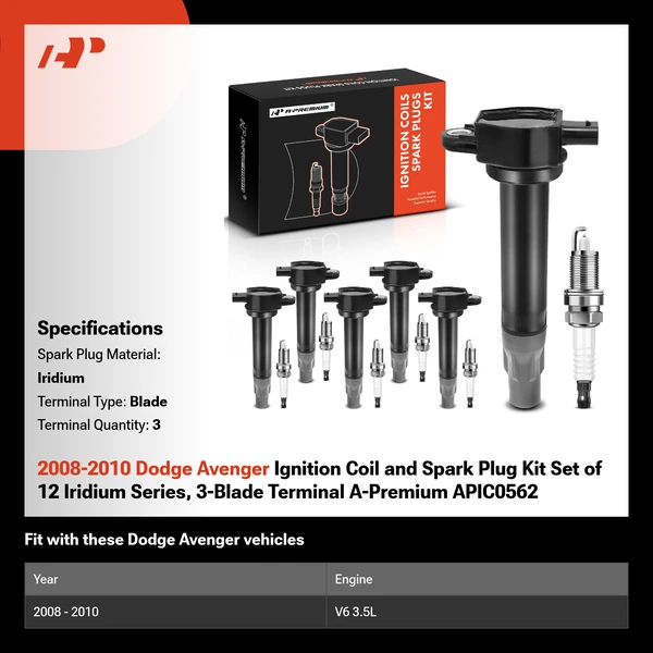 2008-2010 Dodge Avenger Ignition Coil and Spark Plug Kit Set of 12 Iridium Series, 3-Blade Terminal A-Premium APIC0562