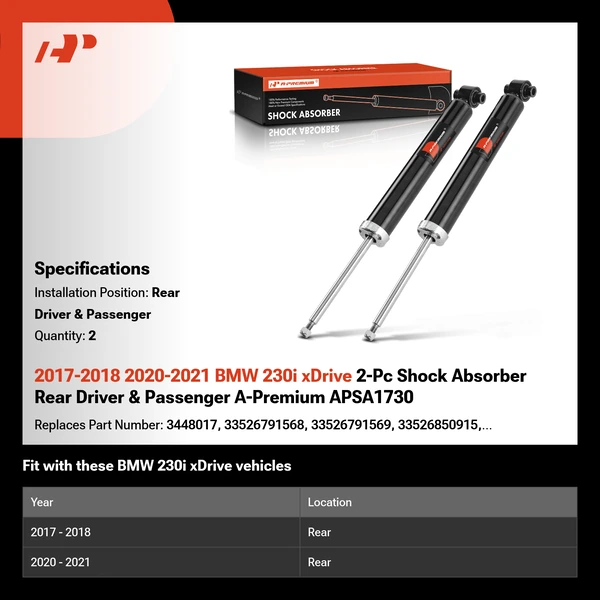 2017-2018 2020-2021 BMW 230i xDrive 2-Pc Shock Absorber Rear Driver & Passenger A-Premium APSA1730