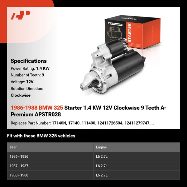 1986-1988 BMW 325 Starter 1.4 KW 12V Clockwise 9 Teeth A-Premium APSTR028