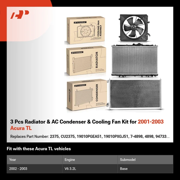 3 Pcs Radiator & AC Condenser & Cooling Fan Kit for 2001-2003 Acura TL