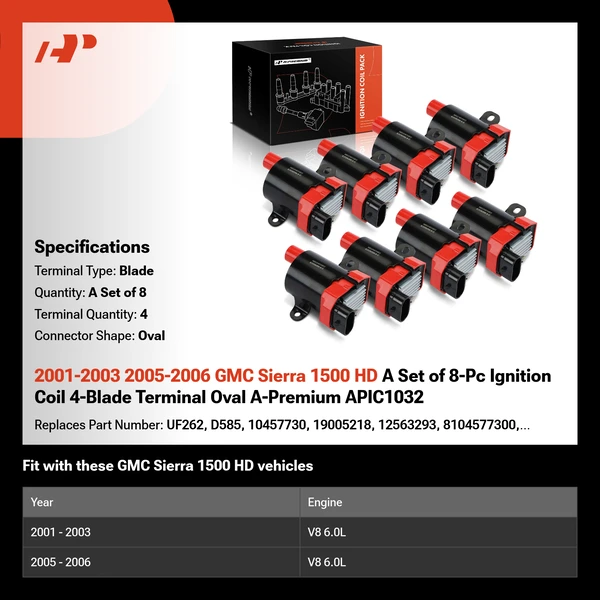 2001-2003 2005-2006 GMC Sierra 1500 HD A Set of 8-Pc Ignition Coil 4-Blade Terminal Oval A-Premium APIC1032