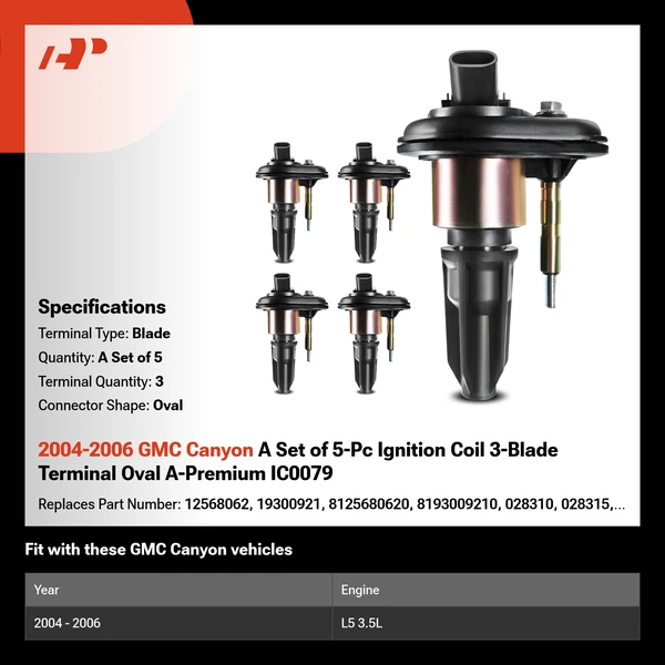 2004-2006 GMC Canyon A Set of 5-Pc Ignition Coil 3-Blade Terminal Oval A-Premium IC0079