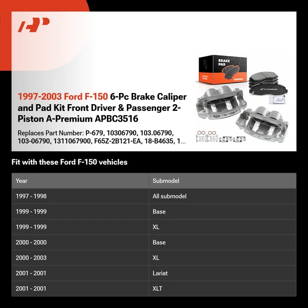 1997-2003 Ford F-150 6-Pc Brake Caliper and Pad Kit Front Driver & Passenger 2-Piston A-Premium APBC3516