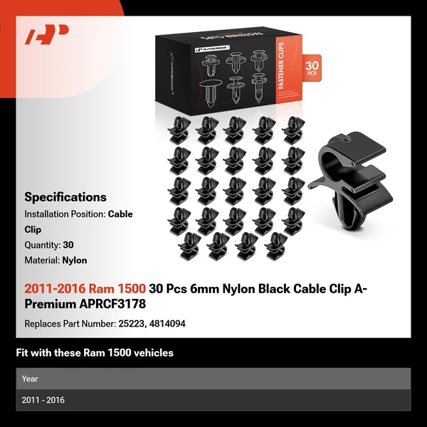 2011-2016 Ram 1500 30 Pcs 6mm Nylon Black Cable Clip A-Premium APRCF3178