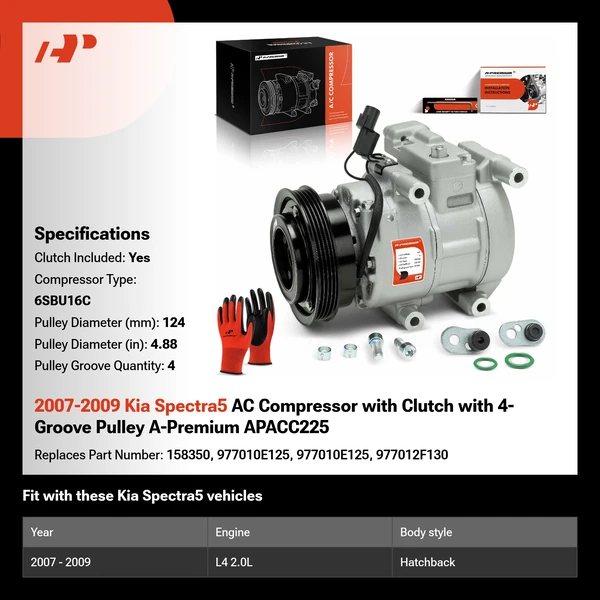 2007-2009 Kia Spectra5 AC Compressor with Clutch with 4-Groove Pulley A-Premium APACC225