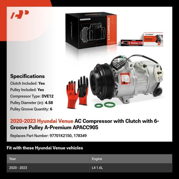 2020-2023 Hyundai Venue AC Compressor with Clutch with 6-Groove Pulley A-Premium APACC905