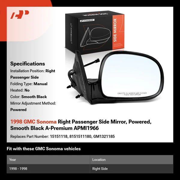 1998 GMC Sonoma Right Passenger Side Mirror, Powered, Smooth Black A-Premium APMI1966