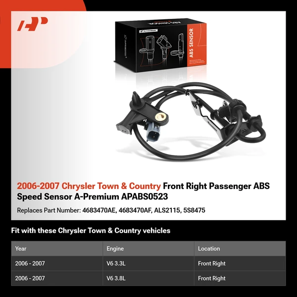 2006-2007 Chrysler Town & Country Front Right Passenger ABS Speed Sensor A-Premium APABS0523