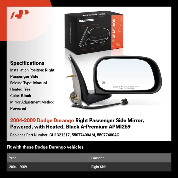 2004-2009 Dodge Durango Right Passenger Side Mirror, Powered, with Heated, Black A-Premium APMI259