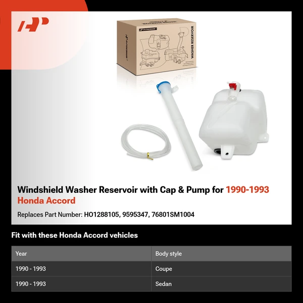 Windshield Washer Reservoir with Cap & Pump for 1990-1993 Honda Accord