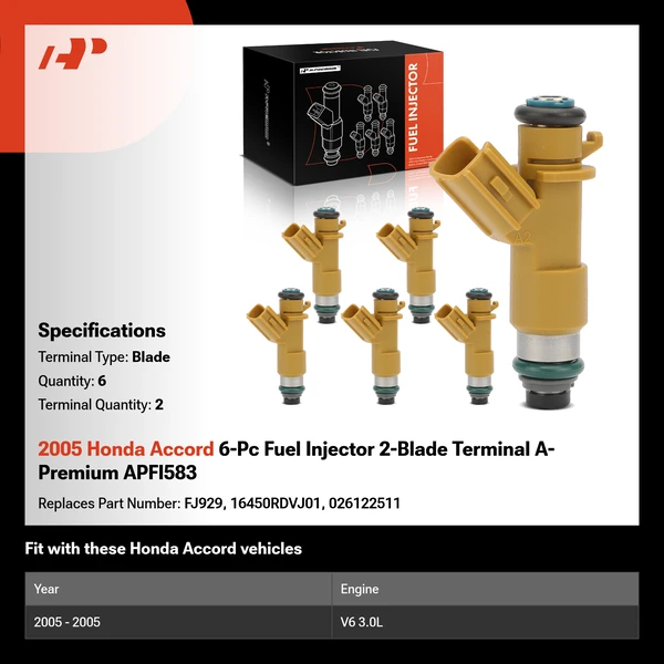 2005 Honda Accord 6-Pc Fuel Injector 2-Blade Terminal A-Premium APFI583