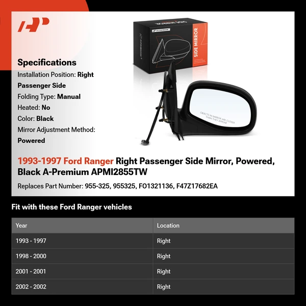 1993-1997 Ford Ranger Right Passenger Side Mirror, Powered, Black A-Premium APMI2855TW