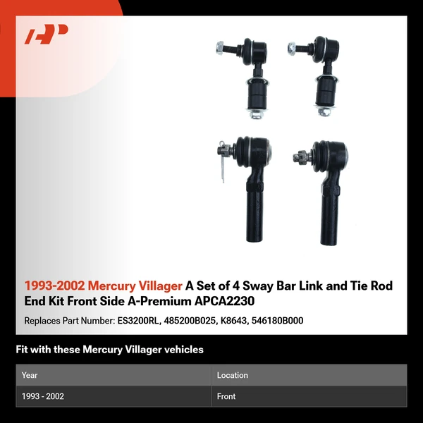 1993-2002 Mercury Villager A Set of 4 Sway Bar Link and Tie Rod End Kit Front Side A-Premium APCA2230