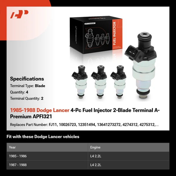 1985-1988 Dodge Lancer 4-Pc Fuel Injector 2-Blade Terminal A-Premium APFI321