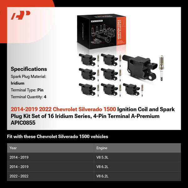 2014-2019 2022 Chevrolet Silverado 1500 Ignition Coil and Spark Plug Kit Set of 16 Iridium Series, 4-Pin Terminal A-Premium APIC0855