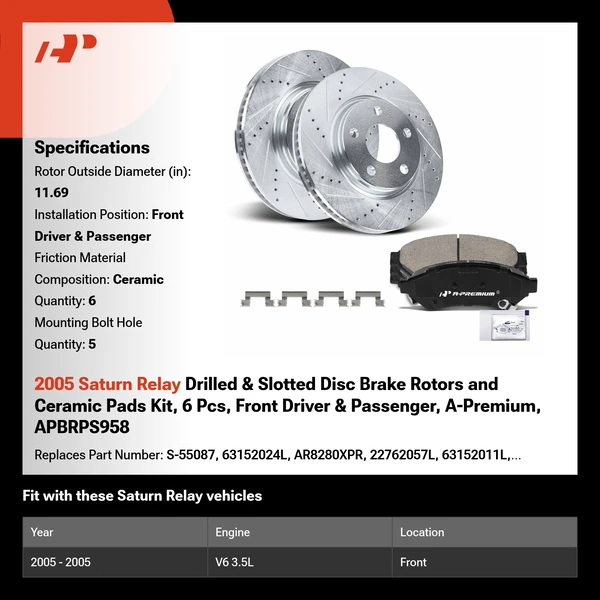 2005 Saturn Relay Drilled & Slotted Disc Brake Rotors and Ceramic Pads Kit, 6 Pcs, Front Driver & Passenger, A-Premium, APBRPS958